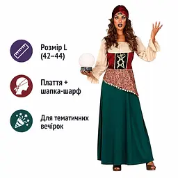 Жіночий карнавальний костюм циганки Fiestas Guirca Gypsy 88784 розмір L (42–44) плаття та шапка-шарф зелено-бежевий (SKU-389) - мініатюра 2