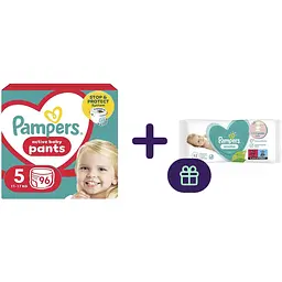 Набор: подгузники-трусики Pampers Active Baby Pants 5 (12-17 кг) 96 шт. + детские влажные салфетки Pampers Sensitive 52 шт. в подарок