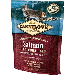 СБеззерновий сухий корм для котів Carnilove Cat Salmon Sensitive & Long Hair з лососем 400 г