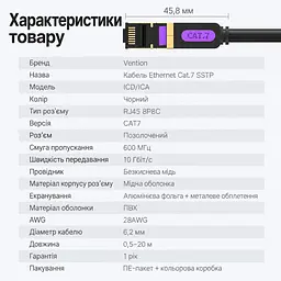 Мережевий патч-корд Ethernet Vention 10 м LAN-кабель штекери RJ45 8P8C на обох кінцях Cat.7 10 Гбіт/с 10 Гбіт/с лише якщо обидва порти підтримують цей режим смуга пропускання 600 МГц екранування алюмінієвою фольгою та металевим обплетенням чорний із фіолетовими та золотистими акцентами роз’ємів (ICDBL) - мініатюра 9