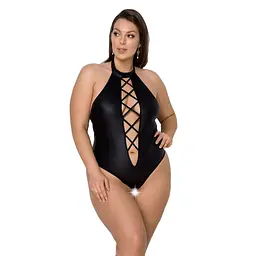 Боді з екошкіри Passion NANCY BODY 4XL/5XL black, з імітацією шнурівки та відкритим доступом - мініатюра 1