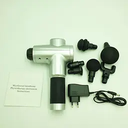 М'язовий масажер для тіла ручний акумуляторний портативний 4 насадки Fascial Gun MP-320 сірий - мініатюра 7