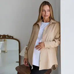 Жіноча сорочка для вагітних стилю oversize з мікровельвету Varna розмір S-М Lullababe бежева