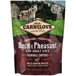 Беззерновий сухий корм для виведення шерсті в котів Carnilove Cat Duck & Pheasant Hairball Control із качкою та фазаном 400 г