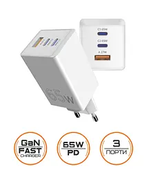 Мережевий зарядний пристрій Sigma mobile X-power 65W GaN, PD, QC (2xUSB-C + 1xUSB-A) Білий (PS65-01) - мініатюра 2