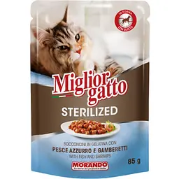Набір вологих кормів для стерилізованих котів Migliorgatto Sterilized лосось 2 шт. + риба та креветки 2 шт. 340 г (4 шт. x 85 г) - мініатюра 3