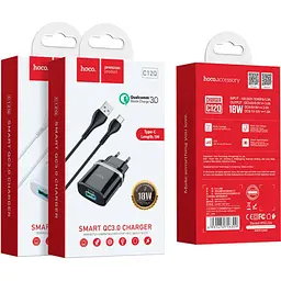 Зарядний пристрій HOCO C12Q Smart USB QC 3.0 + кабель USB-A — USB-C 18 Вт чорний (6931474716293) - мініатюра 8