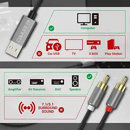 Аудіокабель Cubilux USB — RCA з 384 кГц/24-бітним ЦАП, USB A Male to 2 Male RCA Stereo AUX Cord, 2RCA Auxillary Cable - мініатюра 6