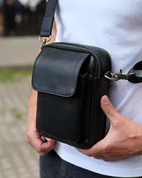 Чоловіча шкіряна барсетка 22х16х8, месенджер з натуральної шкіри, чорна 160 мм - мініатюра 2