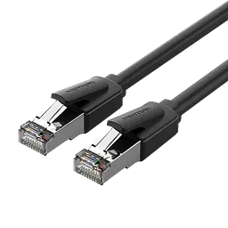 Кабель Ethernet Cat8 Vention 1 м патч-корд зі штекерами RJ45 на обох кінцях смуга пропускання 2000 МГц і швидкість передавання до 40 Гбіт/с фактична швидкість з’єднання залежить від можливостей портів обох пристроїв у комплекті 2 прозорі пилозахисні ковпачки RJ45 екранування фольгою та металевим обплетенням чорний (IKKBF)