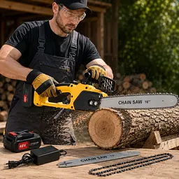 Акумуляторна ланцюгова пила VOLLYX 2в1 Жовтий / Пила з двома шинами 12''+ 16'' 2 АКБ - мініатюра 2
