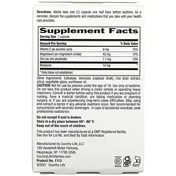 Мелатонін Country Life Magnesium, Zinc & Vitamin C 60 веганських капсул - мініатюра 2