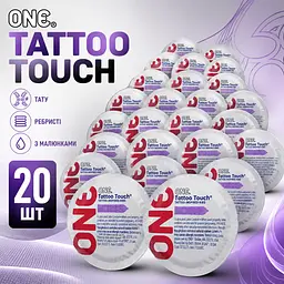 Презервативи ONE Tattoo Touch 20 ШТ, ребристі латексні з рельєфним тату-візерунком, анатомічна форма, фіолетові, змащені