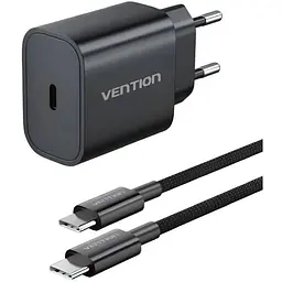 Зарядний пристрій 1xUSB-C 20W + USB-C cable М-М Black Vention (G16B0-EU)