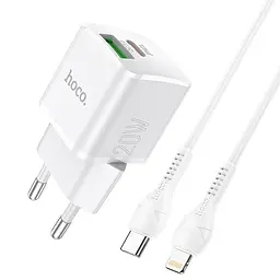 Адаптер живлення блок HOCO N20 Prestige з кабелем Type-C to Lightning 2 порти 20W білий - мініатюра 4