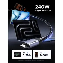 Дата кабель USB-C to USB-C 2.0m 240W 10Gbps braided black Ugreen (95619) - мініатюра 3