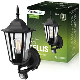 Настінний ретро-ліхтар Lumiled Bellis із датчиком руху, чорний мат, вверх