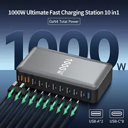 Мережева зарядна станція ILEPO 1000W на 2 USB+8 Type-C мультизарядний пристрій потужний блок живлення Black (19340) - мініатюра 4