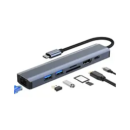 Концентратор Dynamode 7-in-1 USB-C to HDTV 4K/30Hz, 2хUSB3.0, RJ45, USB-C PD 100W, SD/MicroSD (BYL-2303) - мініатюра 2