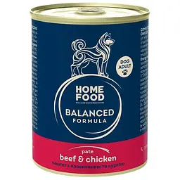 Повнораціонний консервований корм Home Food для дорослих собак Паштет з яловичиною та куркою 360 г