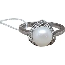 Срібне кільце TOP Silver з перлами і фіанітами. 9510164Б 16,5
