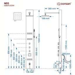 Душова панель Corsan Neo black LED з виливом та термостатом S060TBLLEDW, Чорний матовий - мініатюра 6