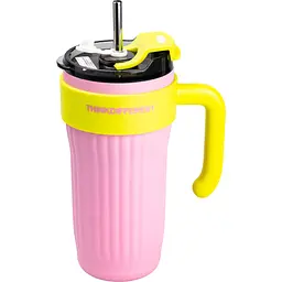 Термочашка ThinkDifferent 860 мл з кришкою на защіпці та ручкою, рожевий з жовтим Happy Life HP28487P - мініатюра 7