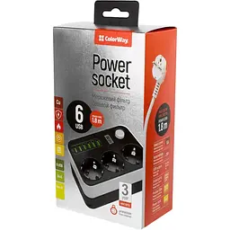Мережевий фільтр-подовжувач ColorWay CW-CHЕ36B 3 розетки / 6USB 1.8 м Black - мініатюра 7