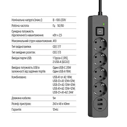 Мережевий фільтр-подовжувач СolorWay 4 розетки/3USB (2USB-A + 1 TYPE-C) (24W) Black 5 м (CW-CHE435PDB) - мініатюра 10