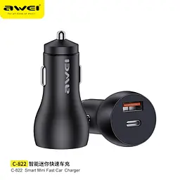 Адаптер автомобільний AWEI C-822 |1USB/1Type-C, QC/PD, 3A, 18W| - мініатюра 2