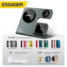 Бездротовий мультизарядний пристрій Essager Ruicheng desktop magnetic suction 15W (3 in 1) black (EWXZM-RC0G-Z) - мініатюра 7