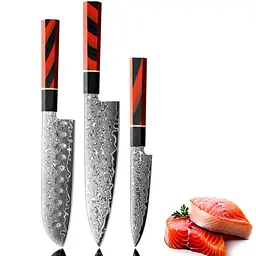 Набір ножів 3 шт із дамаської сталі Damascus DK-DMS 1300 red