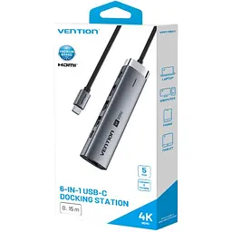 Док-станція USB3.2 Type-C --> HDMI 60Hz/USB 3.0x2/RJ45/PD 100W Hub 6-in-1 Vention - мініатюра 3