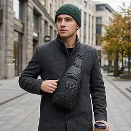 Чоловіча сумка слінг із натуральної фактурної шкіри 21400 Vintage чорний - мініатюра 2