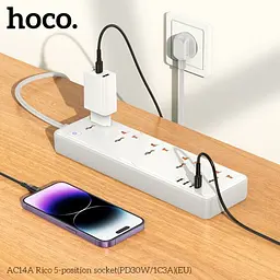 Мережевий подовжувач Hoco AC14A Rico 5-position socket(PD30W/1C3A)(EU) Білий - мініатюра 2