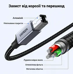 Кабель для принтера UGREEN US370 USB-C - USB-B 2.0 3 м чорний (80808) - мініатюра 5