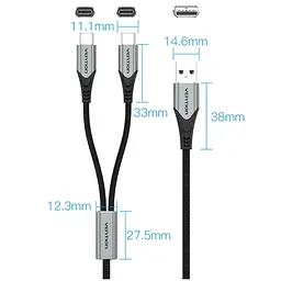 Кабель USB 2.0 AM - 2хType-CM, 1.0 м Y-Splitter Charging Cable 2.4А 480Mbps Aluminum Alloy Vention - миниатюра 4