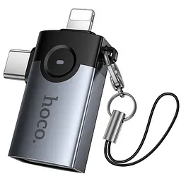 Перехідник Hoco UA46D OTG 2in1 Lightning male/Type-C male to USB female Metal gray - мініатюра 4