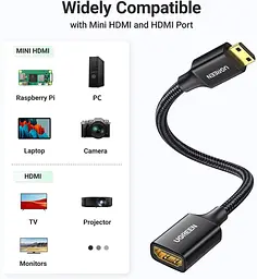 Кабель Ugreen Mini HDMI штекер to HDMI 2.0 роз'єм 4K 60Hz 25CM Black Aluminum Shell Braided (15843) - мініатюра 7