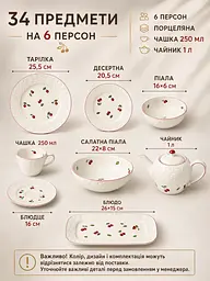 Столовий сервіз фарфоровий на 6 персон 34 предмети, тарілки 25,5/20,5 см, чашки 250 мл (49676225) - мініатюра 2