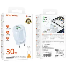 МЗП Borofone BA94A Lustrous PD30W+QC3.0 (1USB-A/1C) + кабель Type-C to Lightning Blue - мініатюра 4