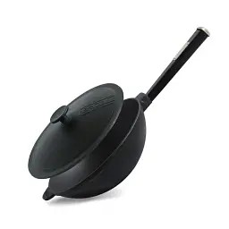Сковорода Brizoll Wok чавунна з дерев'яною ручкою Black з кришкою 26 см (W26HP1-1) - мініатюра 2
