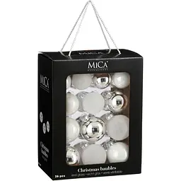 Комплект ялинкових куль Mica Decorations скляні 7/6/5 см білі 26 шт. (1181258)