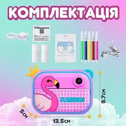 Дитячий фотоапарат з моментальним друком Flamingo відеокамера принтер маркери 2 рулони паперу Рожевий - мініатюра 3