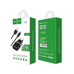Адаптер живлення Hoco C12 Smart dual USB-набір із кабелем мікро чорний 6957531064114 - мініатюра 5