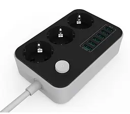 Фільтр мережевий ColorWay, 3 розетки, 1.8 м, Black, 6xUSB (3.4A), 10A, дріт з міді (до 2500 Вт), захисні шторки (CW-CHE36B) - мініатюра 2
