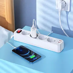 Мережевий продовжувач Hoco NS1 Aura 4-bit (4 х розетки 3 х USB) білий - мініатюра 3