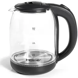 Електрочайник Holmer HKS-2025, чорний, 1500W, 1.8л, скло, дисковий, LED-підсвічування, індикатор рівня води