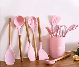 Кухонний набір Silikone Kitchen Set рожевий з силікону з бамбуковою ручкою з 12 предметів - мініатюра 3