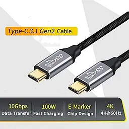 Кабель USB-C - USB-C 3.1 Gen2 10Gbps Передача даних, 100W 20V/5A 3.3ft USB Type C PD Швидкий зарядний кабель 4K Відеовихід - мініатюра 3